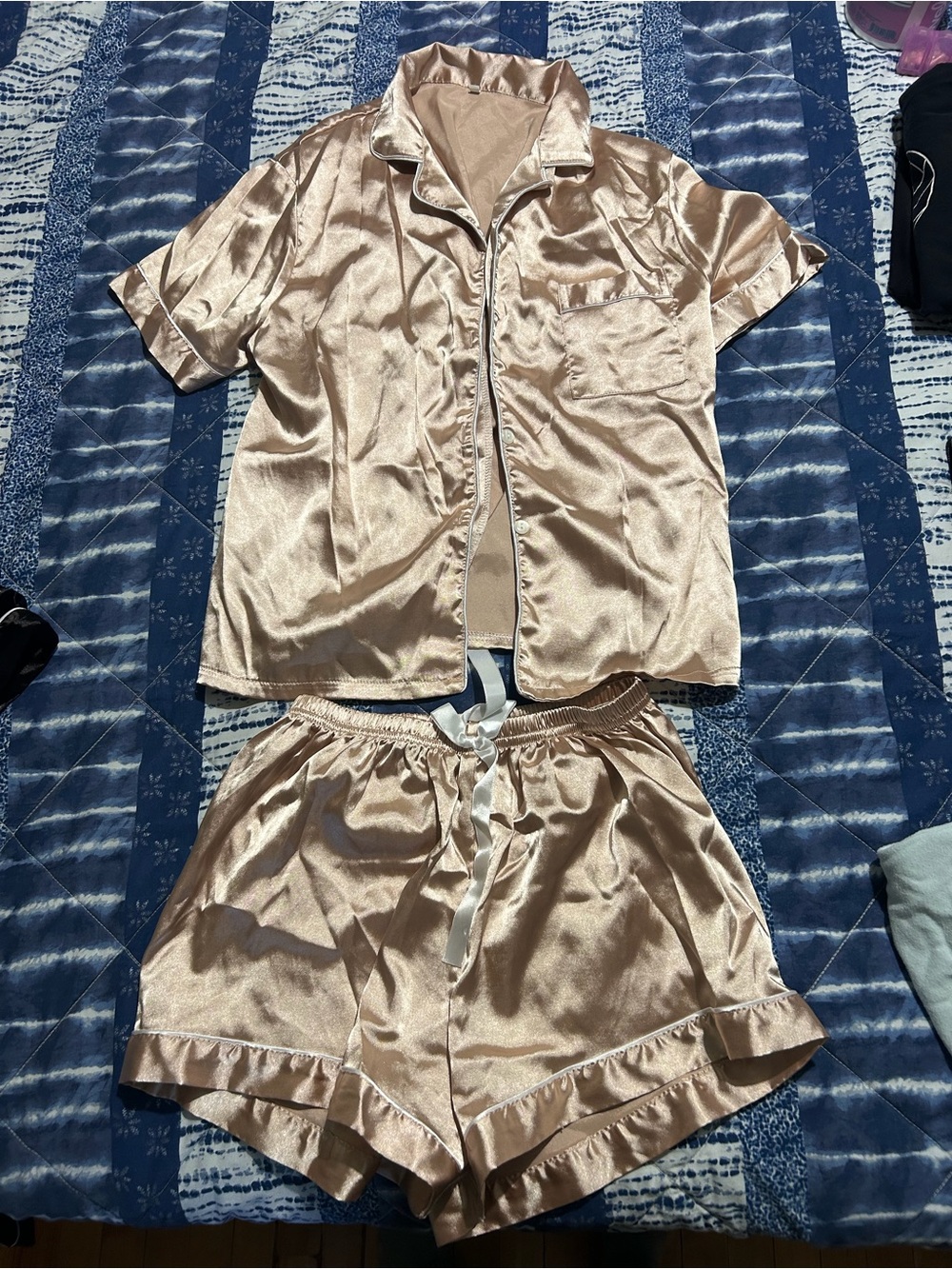 Satin Short Sleeve Pajama Set in Champagne - Women's Sleepwear